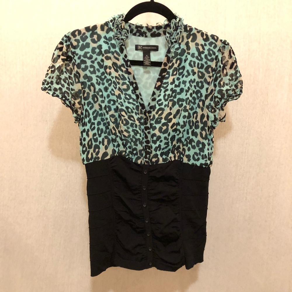 INC Teal Leopard Print Top